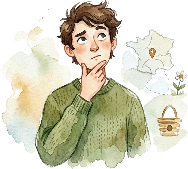 Aquarelle, jeune homme pensif, carte de France, fleur et panier, le territoire et la nature au cœur des questions.